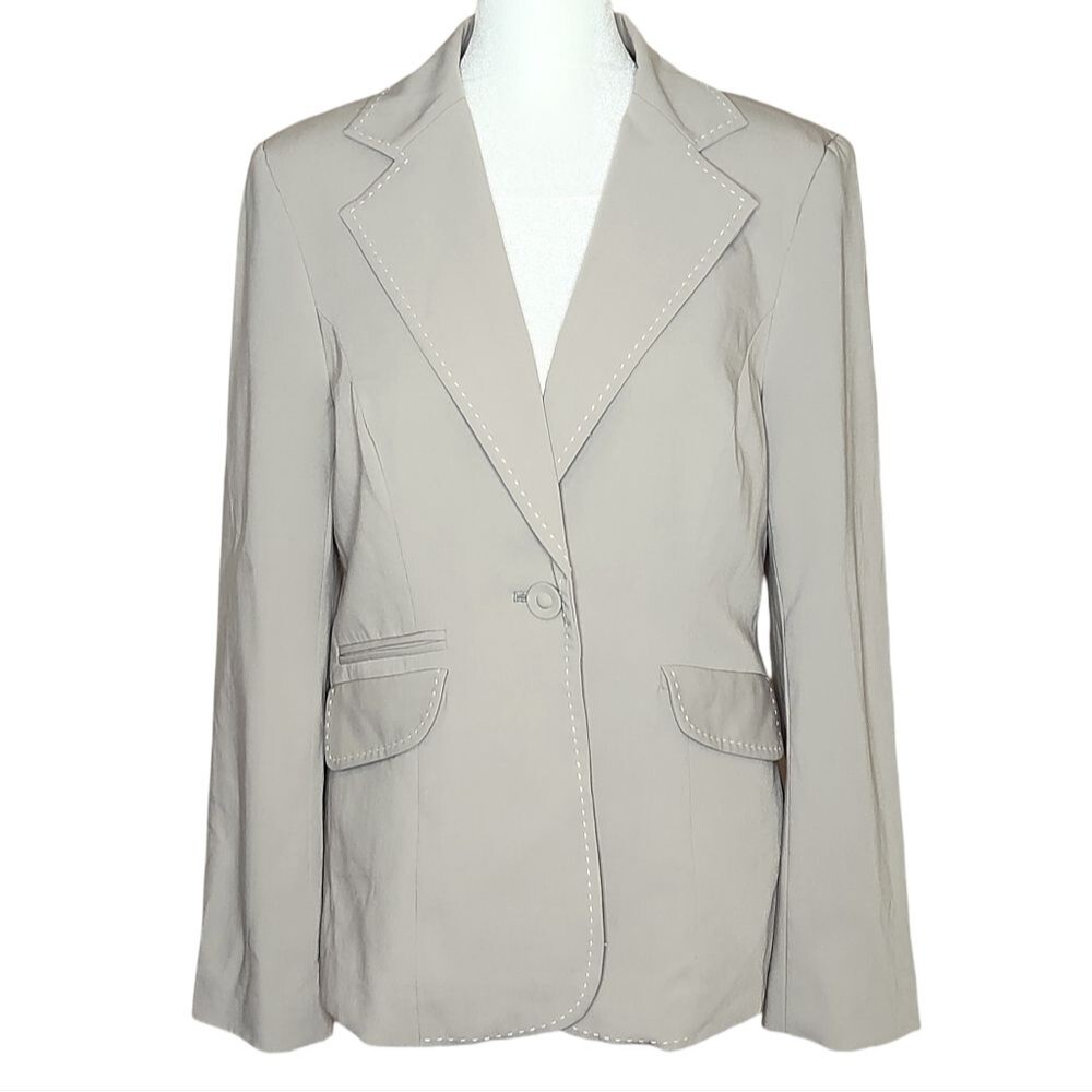 Cabi Dynamo Blazer Sand Gray White Topstitching Paisley Lined Size 4 Style 832
